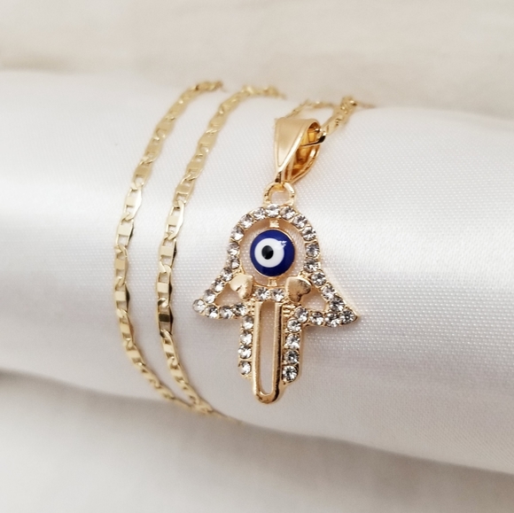 Hamsa Hand with blue Evil Eye Women's Necklace. 14K Gold Plated. New - Picture 1 of 5